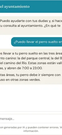 Chat del asistente respondiendo dónde puede ir un perro suelto, con la ordenanza
