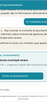 Tarjeta del asistente con el asunto y el texto que enviará al ayuntamiento, a la espera de confirmación