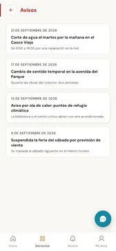 Lista de avisos del ayuntamiento en la app
