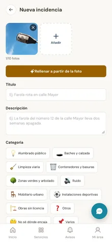 Alta de incidencia en el móvil con la foto, el mapa y el botón de rellenar a partir de la foto