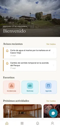 Pantalla de inicio de la app de Kivai con la imagen del ayuntamiento