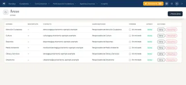 Tabla de áreas con su responsable