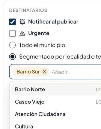 Destinatarios de un aviso: notificar al publicar, urgente, todo el municipio o por localidad y tema