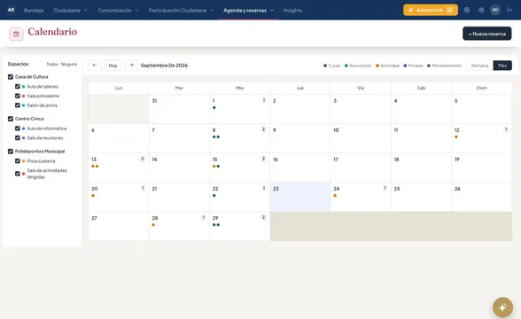 Calendario de ocupación de instalaciones con actividades y cesiones de espacio