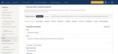 Edición del correo de inscripción confirmada con selector de idioma, variables y vista previa