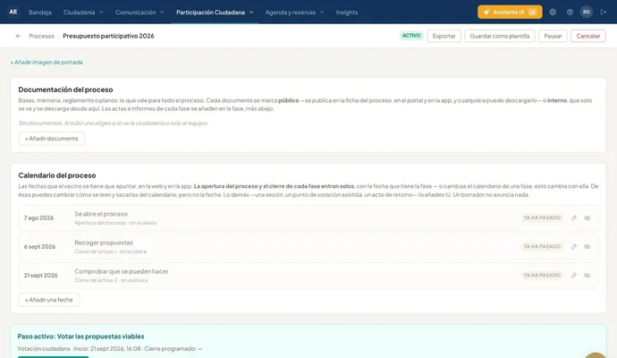 Gestión de un proceso participativo en el panel con su calendario de fases
