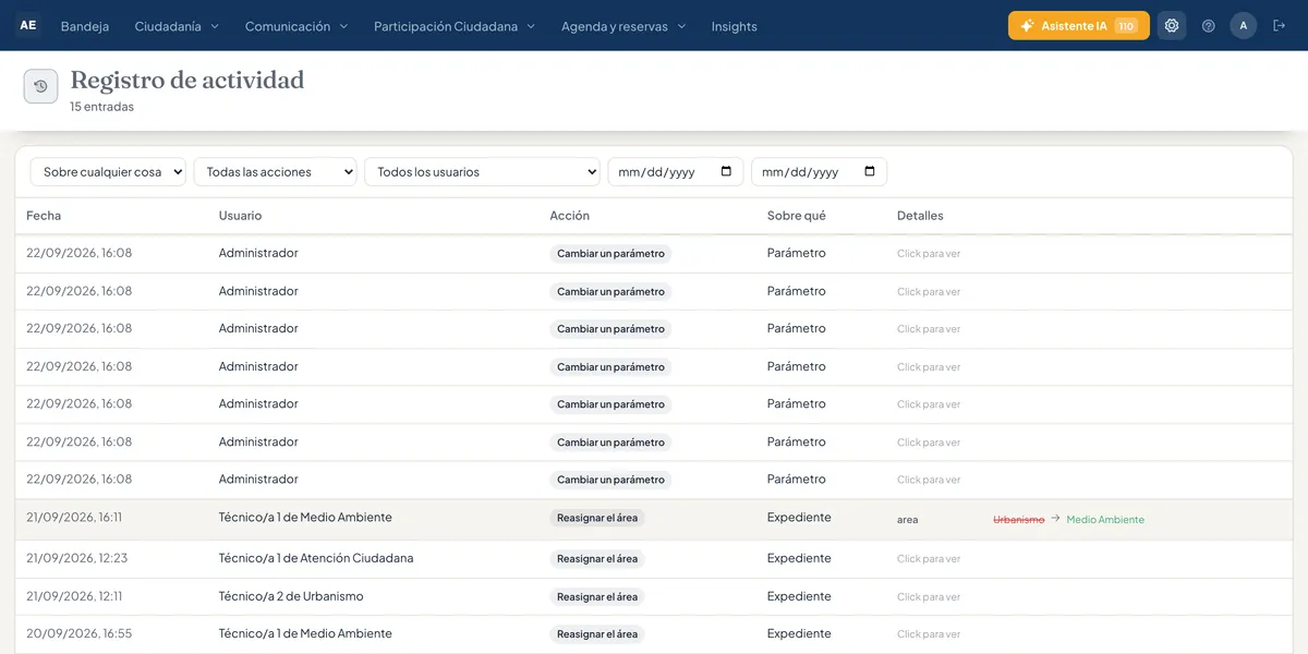 Registro de actividad del panel con filtros y la lista de cambios, uno de ellos con el área de la IA tachada y la decidida por el técnico