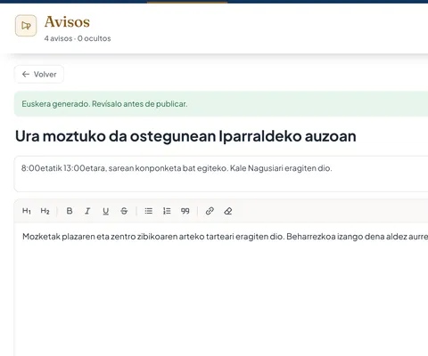 Aviso en el panel con la versión en euskera generada por la IA, pendiente de revisar